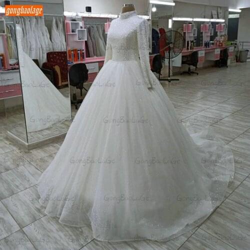 Sparkly High Neck Wedding Dress Arabic Lace Up Vestido De Noiva 2021 Sequins Ball Gown Bride Dresses Long Sleeves Abiti Da Sposa