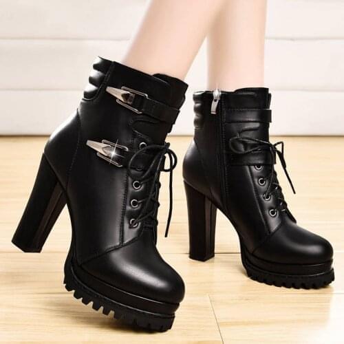 Fashion Motorcycle Boots Women Leather High Heel Zipper Short Boots Casual Thick-Soled Cross-Strap Black Ankle Boots New #40