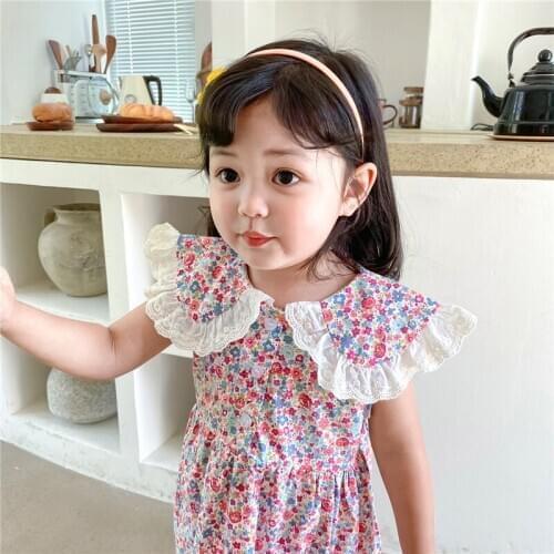 DFXD Summer Girls Dress Toddler Clothes Sleeveless Flower Print Lace Collar Princess Dress Kids Costume Party Wear Vest Dress