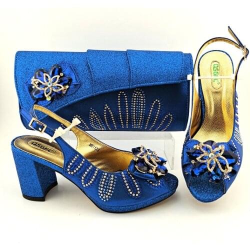 Doershow New Arrival African Wedding Shoes and Bag Set royal blue Italian Shoes with Matching Bags Nigerian Women party!HFG1-12