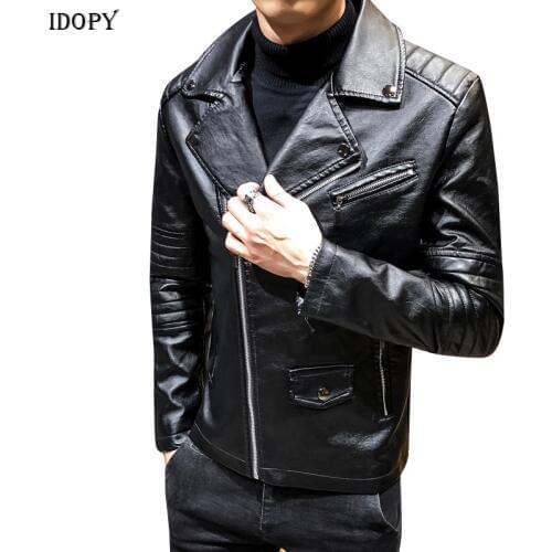 Idopy Motorcycle Faux Leather Jacket PU Lapel Collar Irregular Biker Jacket and Coat Windbreaker For Male Plus Size M-3XL