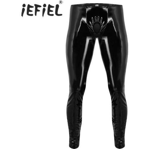 IEFiEL Mens Sexy Lingerie Gay Panties Nightclub Parties Shiny Patent Leather Tight Pants Leggings Trousers with Open Penis Hole