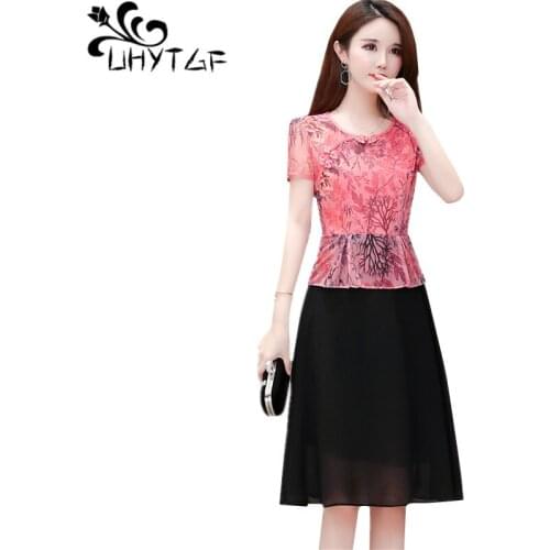 UHYTGF Summer dress woman fashion chiffon fake two-piece elegant dress Retro print cheongsam dress slim 5XL plus size dress 1051