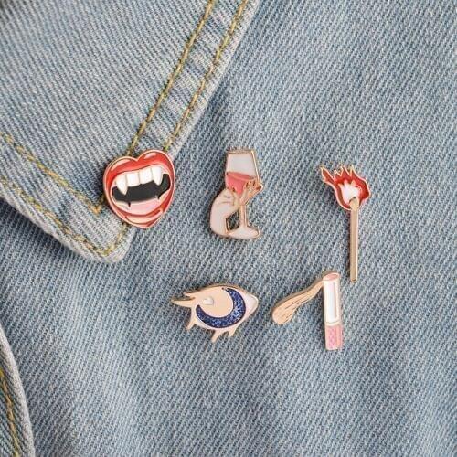 Cute Cartoon Brooch Eye Red Wine Matches Cigarette Broken hear Pins Badges Brooches For Men Women Pins Collection Gift For Girls