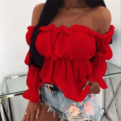 Fashion Women Summer Long Sleeve Chiffon Tops Off Shoulder Solid Color Flare Bell Sleeve Loose Blouse