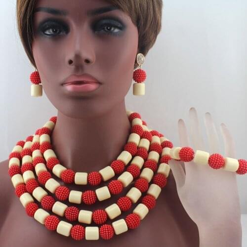 Trendy New Design White Plastic Pearl Ball Neclaces Women Jewelry Nigerian Wedding Red Coral Beads Jewelry Set Free Ship W13732
