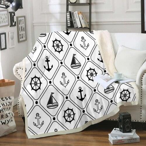 Marine Sherpa Fleece Blanket Compass Plush Throw Blanket Anchor Sailboat Home Decor Fur Bedspreads