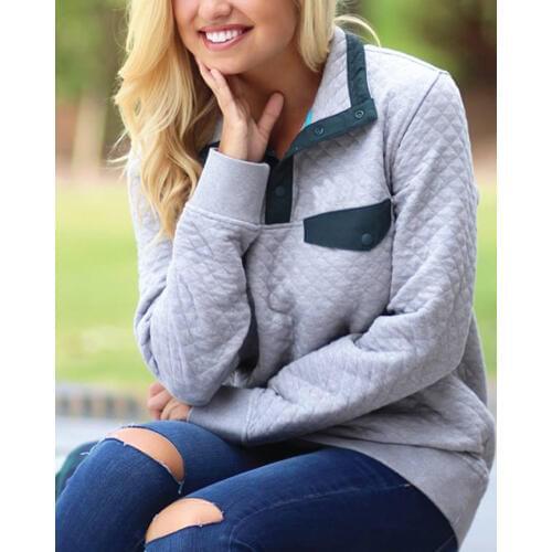 Hitmebox 2019 New Autumn Winter High Neck Buttons Long Sleeve Pullover Patchwork Blouses Tops Sweatshirt Colorblock Outwears