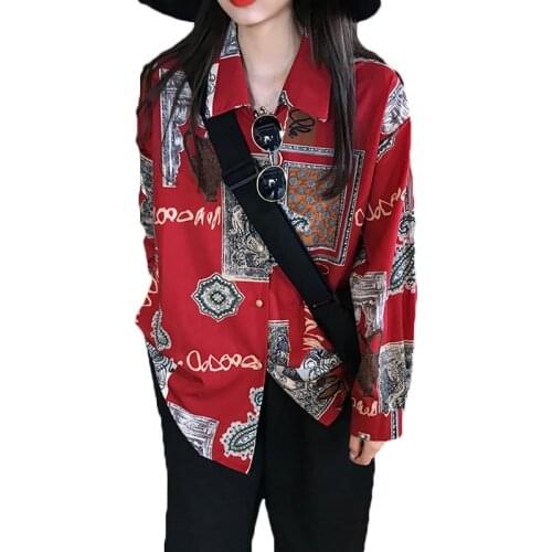2021 New Retro Graffiti Long-sleeved Flower Shirt Female Spring Autumn Blouse Korean Loose Shirts Women Tops 158b