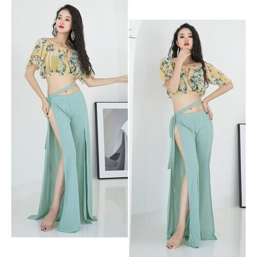 New style belly dance womens fashion print tops temperament goddess oriental dance practice clothes wide leg pants suit