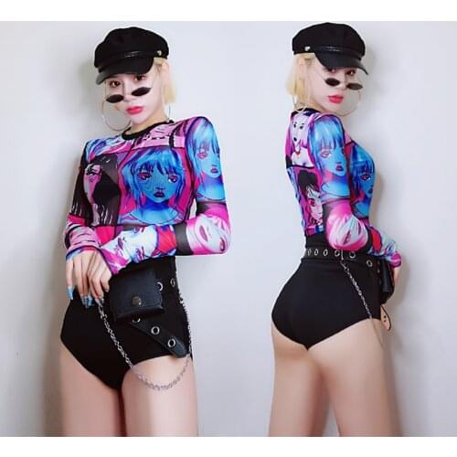 New Nightclub Female Singer Stage Performance Costumes Pole Dancing Long Sleeve Print Tops Bar DJDS Festival Outfits DQL4162