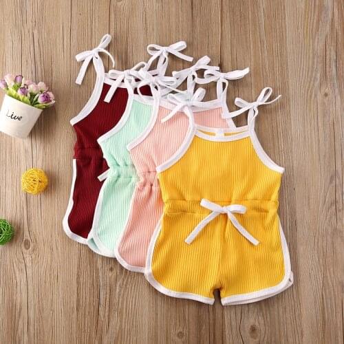 0-5Y Summer Infant Baby Girls Rompers Overalls Solid Sleeveless Belt Jumpsuits Lovely Clothes 4 Colors