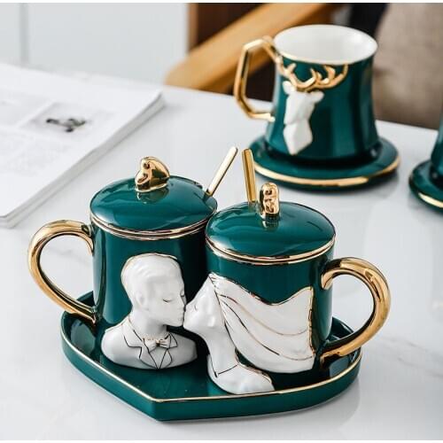 Couple Ceramic Coffee Mug with Spoon Lid Creative Personalised Esspresso Cups Wedding Gifts Luxury Milk Mug Drinkware DA60MKB