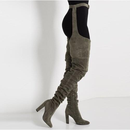 Over-the-knee Boots Sexy Crotch High Boots Army Green Pants Boot Suede Genuine Leather High Heels Long Booties Shoes Woman Botas
