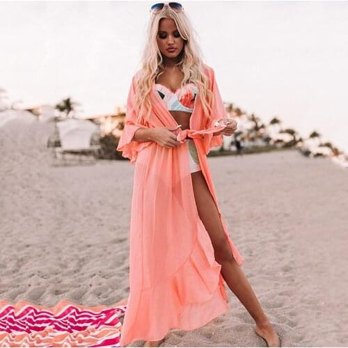 Chiffon Beach Cover Up Women Bikini Cover Up Long Beach Dress Cardigan Tunics 2021 Sexy Swimsuit Cover Up Seaside Vacation Skirt