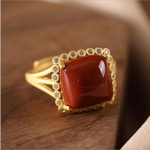 SNew silver inlaid southern red agate crystal geometric ring Chinese retro hollow opening adjustable female brand jewelry