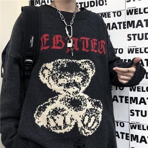 New Autumn Sweater Women Harajuku Cartoon Animal Sweater Loose Round Neck Ripped Sweater Bear Embroidery Sweater Man Sweater