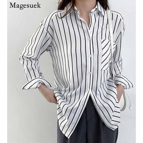 Casual Striped Button Up White Shirts Turn-down Collar Pocket Long Sleeve Blouses Women Autumn Loose Fashion Ladies Tops 12574