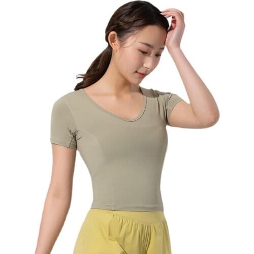 Summer New 3D Stitching Fitness Yoga Shirt Women V-Neck Short-Sleeve Gym Dance T-Shirt Slim Running Quick-Drying Sports Crop Top