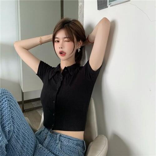 2021Summer Short lapel Tight Women T-shirt Short Sleeve Female Slim Sexy Cardigan Tshirt Tops