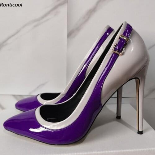 Ronticool Women Spring Shiny Pumps Buckle Strappy Stiletto Heel Pointed Toe Purple Black Wine Red Party Shoes US Plus Size 5-15