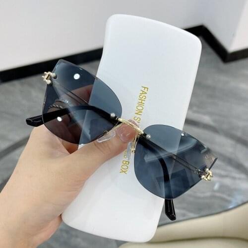Women Trending Frameless Cat Eye Sunglasses Metal Temples Hollow Out Glasses Luxury Brand Shades For Vintage Decorative UV400
