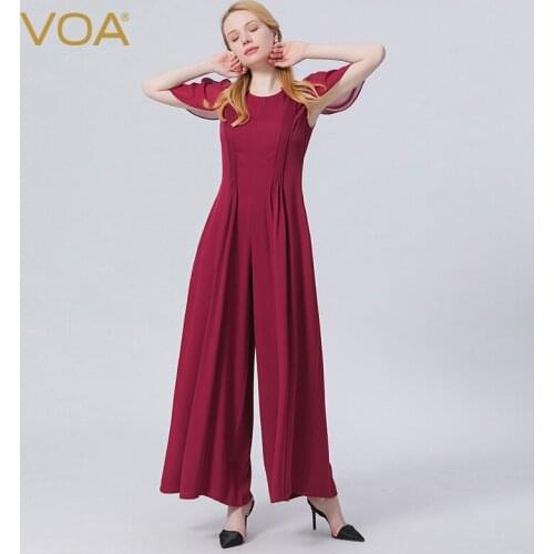 VOA Silk 40m/m Double-sided Georgette Aoxue Fold Stitching Round Neck Back Zip Pocket Wide Leg Jumpsuit Streetwear Women KE561