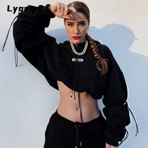Lygens 2021 Autumn Winter Women Letter Print Bandage Hooded Crop Sexy Sweatshirts Fashion Streetwear Hoodies Pullover Clothes
