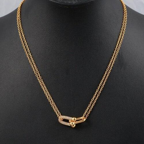 Fashionable temperament double-ring horseshoe buckle U-shaped bamboo double-layer necklace female shining clavicle chain