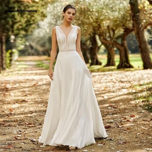 Beach Wedding Dress Boho vestido de noiva 2021 In Stock Plus Size V-neck Chiffon Wedding Gowns Bridal Dresses Open Back