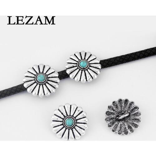 10pcs Antique Round Charms Flower Slider Beads Spacer For 5mm Round Leather Cord Jewelry Making Findings Accessories