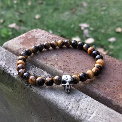 Ailatu Stainless Steel Skull Bracelet 6mm Natural Tiger Eye Stone Magic Men Bangle Hot Sale Man Jewelry