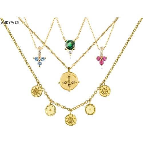 ANDYWEN 925 Sterling Silver Gold Gold Plated Garnet Medal Necklace Cover Pendant Blue Zircon CZ Charm Long Collar Necklace Jewel