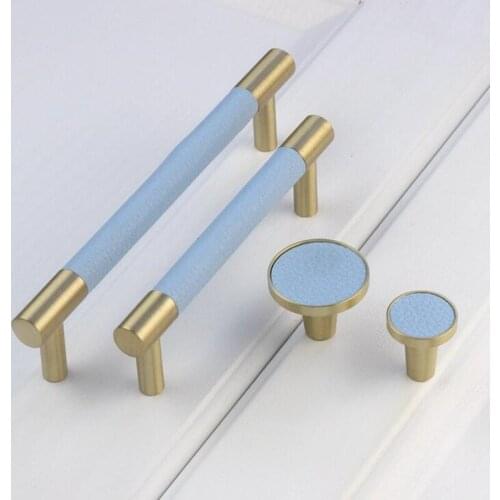 Nordic Brass Handle Genuine Leather Bookcase Wine Cabinet Door Knob Handles Solid Copper European Style Pulls Furniture Diy