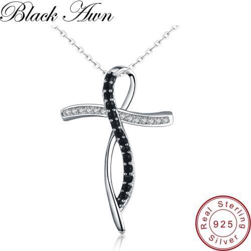 [BLACK AWN] Fine Genuine 100% 925 Sterling Silver Necklace Women Jewelry Black&White Stone Cross Necklaces Pendants P114
