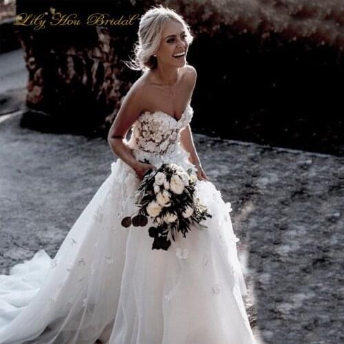 Boho Beach Country Style Wedding Dress Sweetheart Sleeveless 3d Floral Soft Tulle Backless Bridal Gowns