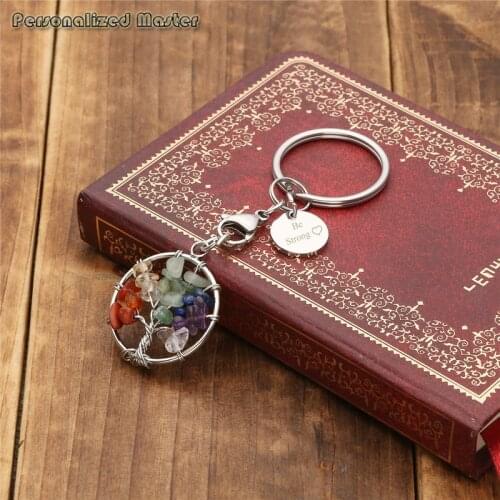 Personalized Master Custom Keychains Natural Gem stone Chakra Three Of Life Pendant 7Color key ring gift for girlfriend