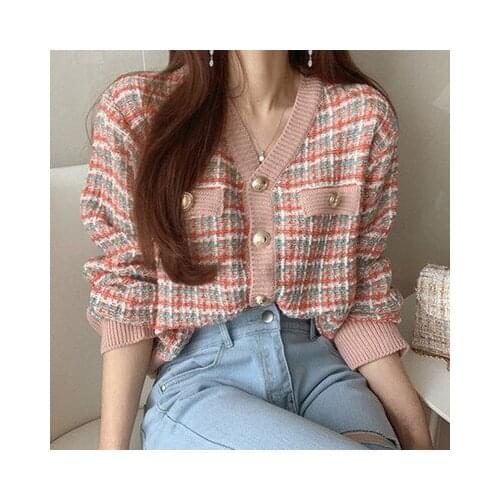 Korean V Neck Plaid Cardigan Fashion Women Spring Autumn 2021 Buttons Loose Sweater Cardigans Femme Ladies Top Knit
