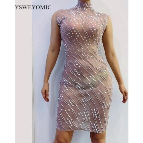 Rhinestone and Pearls Sleeveless Short Dress celebrity See Through DRESS Evening Bar Birthday Outfits for Women Sexy Club Party
