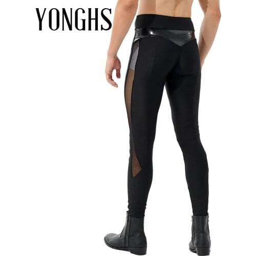 Mens Clothing Long Pants Patent Leather Mesh Patchwork Leggings Sports Yoga Fitness Mid Waist Skinny Pants Stage Show Clubwear