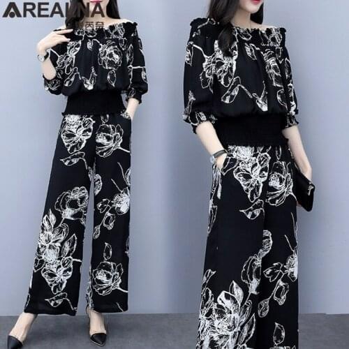 Summer 2 piece set women Off Shoulder blouse tops +pant Chiffon Suits office lady Elegant Woman two piece set Holiday Outfits