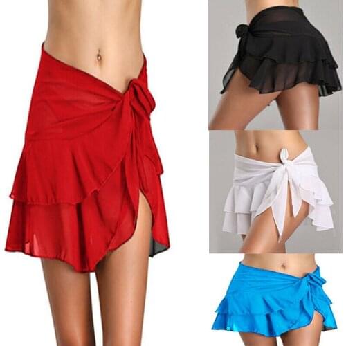 Fashion Sexy Girls Beach Cover Up Skirt See Through Hot Women Chiffon Beachwear Short Bathing Black White Red Blue