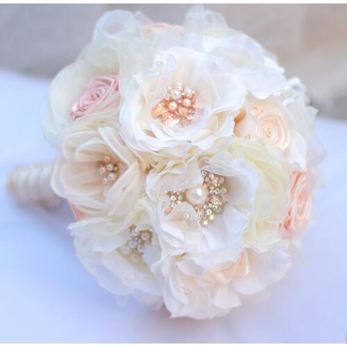 Bride holding flowers, New arrival Romantic Wedding silk flower Bride 's Bouquet,Ivory Coral and Gold bridal bouquets