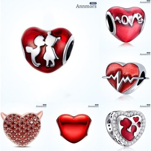 Red Full Love Heart Charm Fits Pandora Original Bracelet Pendant Heartbeat 925 Sterling Silver Wife Lover Xmas Banquet Jewelry