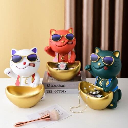 Resin Lucky Cat Figurines Moden Crafts Animals Miniature Cute Ornaments Home Office Decoration Storage Coin Bank Desk Storage