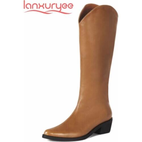Lanxuryee hot saling western boots microfiber recommend pointed toe thick med heel zipper charming popular knee high boots L28