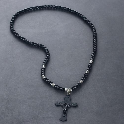 Religious INRI Saint Benedict Medal Cross Pendant Necklaces Jewelry for Women Mens Jesus Leather Cord Necklace Colar Gifts CN12