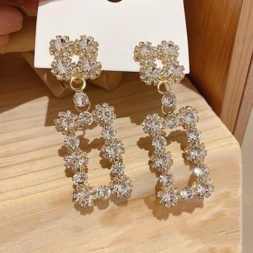 Minar Luxury Full Crystal Rhinestone Hollow Geometric Bling Earrings for Women Gold Color Alloy Big Rectangle Drop Earrings Gift