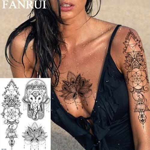 FANRUI Flower Ganesha Elephant Temporary Tattoos Sticker Black Henna Geometric Tatoos Buddha Lotus Art Custom Tattoo For Women
