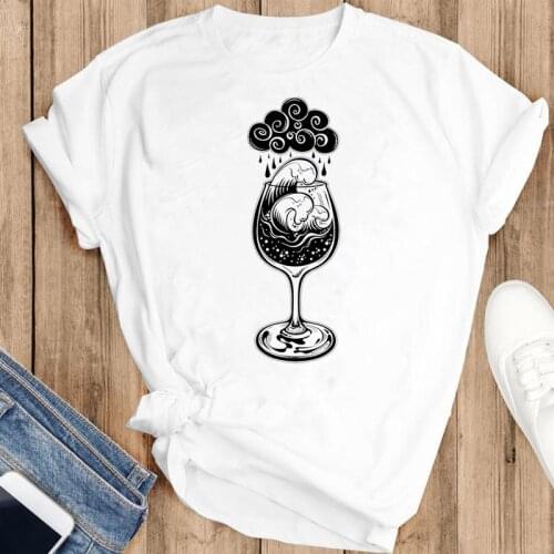 Women Sweet Wave Wine Beach Beach Cartoon Casual Fashion Summer Lovely Clothes Print Short Sleeve Tops Tees Tshirt T-Shirt